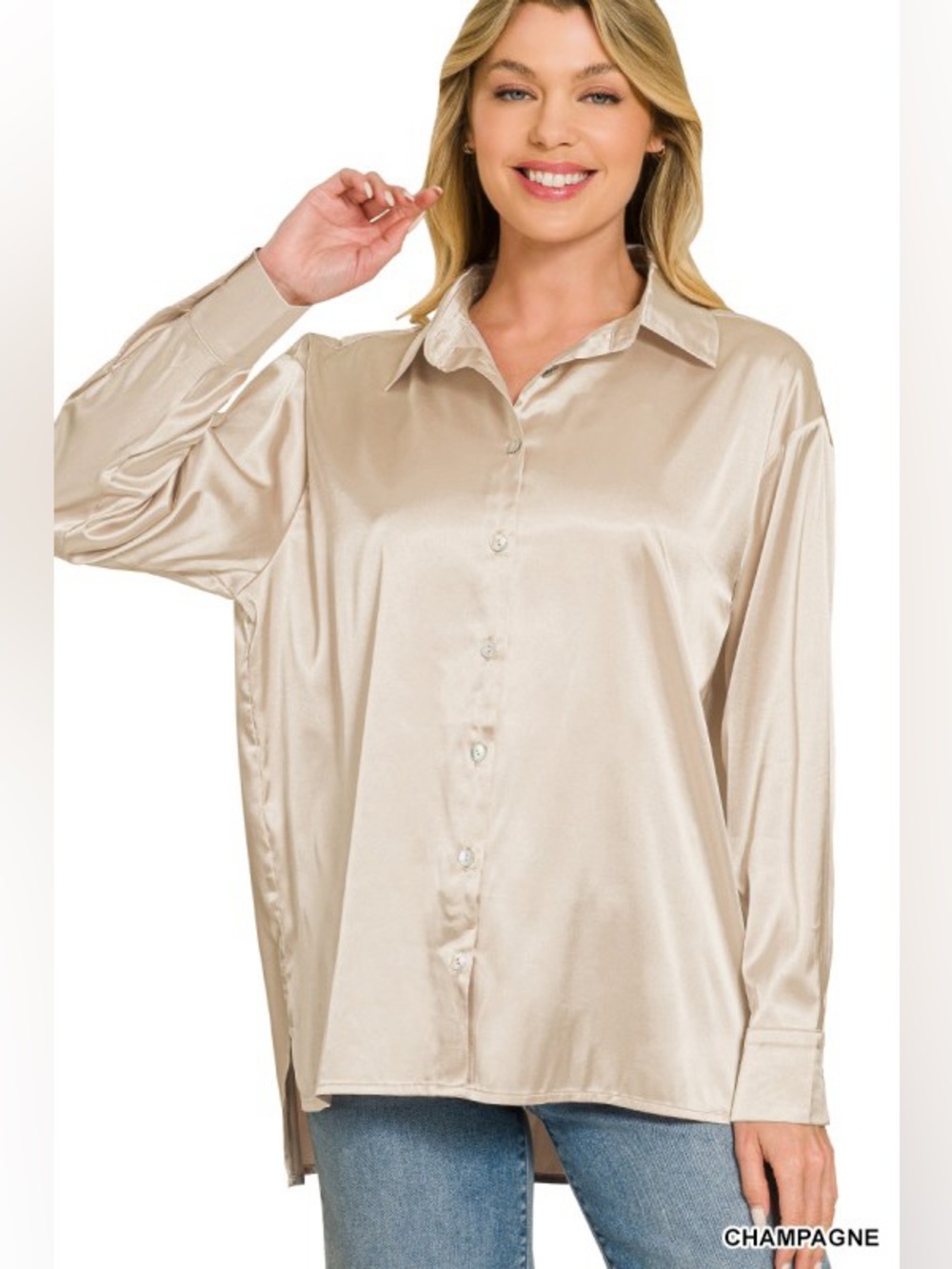 NWT Zenana Satin Champagne Button-Front Long Sleeve Relaxed Fit Blouse